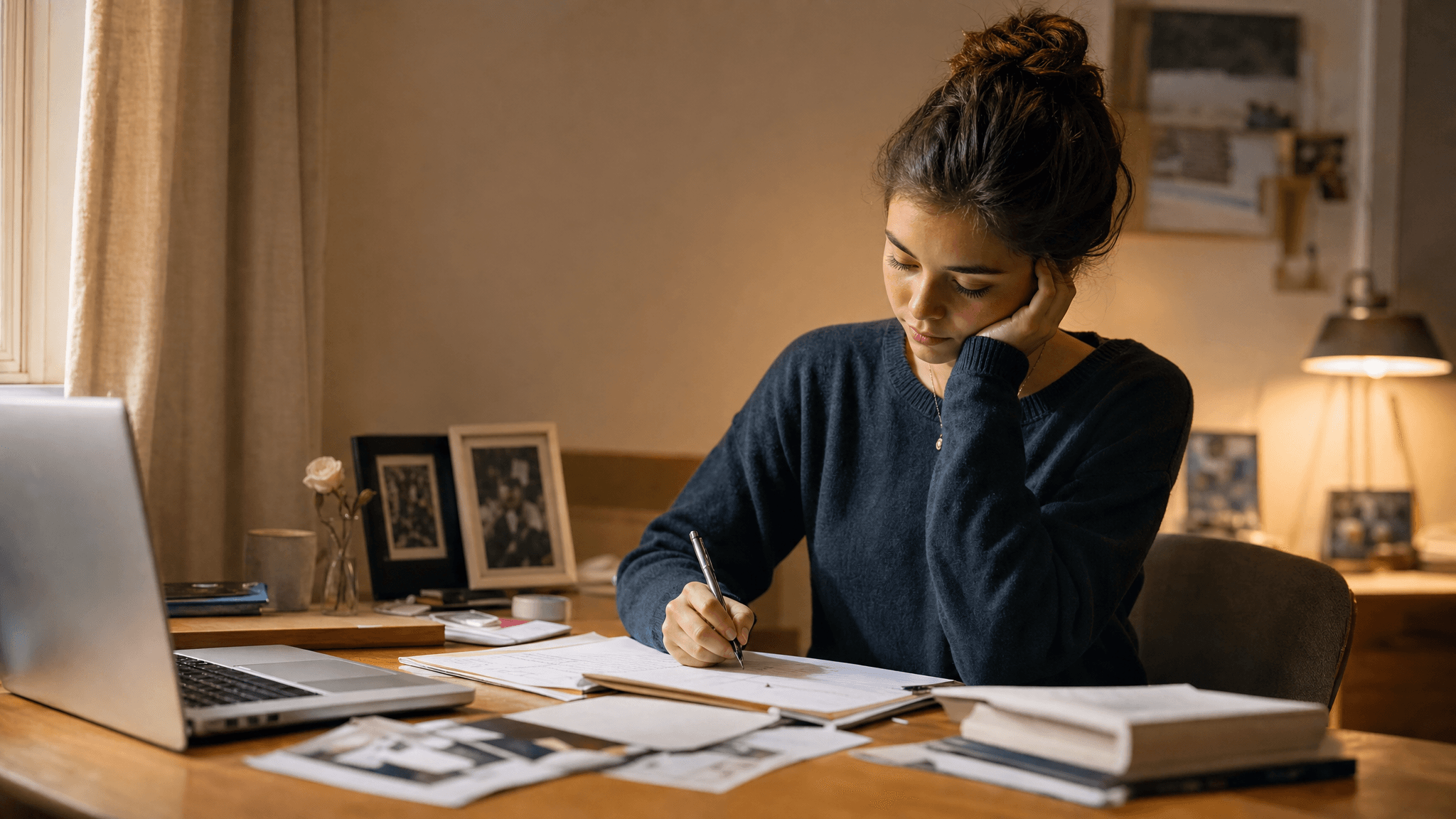 A student reflecting at a study desk with notes, a laptop, and personal keepsakes.